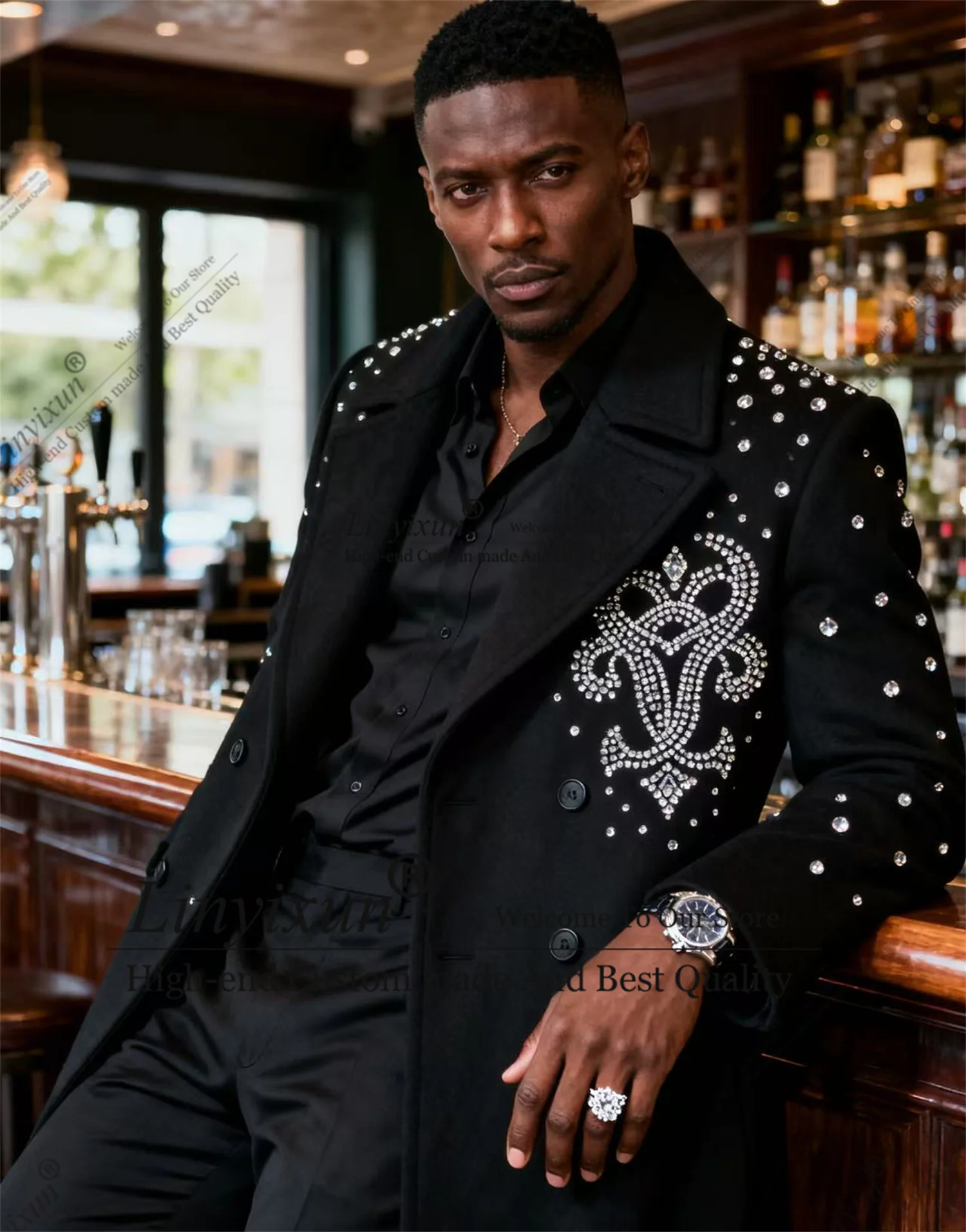 

Роскошные мужские костюмы с кристаллами и бриллиантами, мужские пиджаки для жениха, индивидуальные тонкие свадебные смокинги с остроконечными лацканами, длинное пальто Ropa hombre