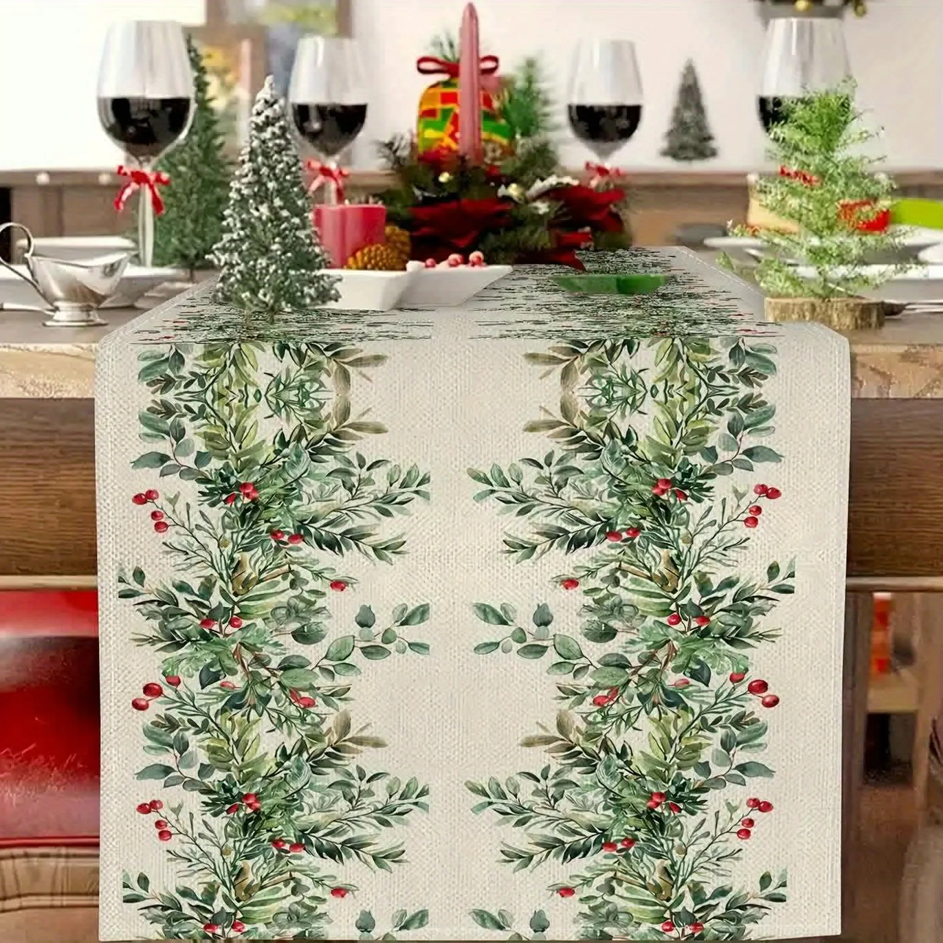 Merry Christmas Holly Berries Linen Table Runner Party Decor Winter Xmas Ball Kitchen Dining Table Runners Christmas Decorations