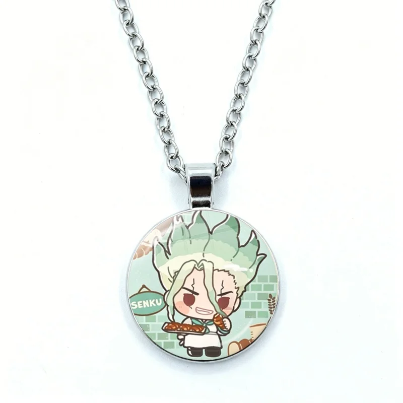 Senku Gen Asagiri Chrome Cartoon Necklace for Women Jewelry Anime Figure Ryusui Kohaku Cabochon Glass Pendant Necklace Wholesale