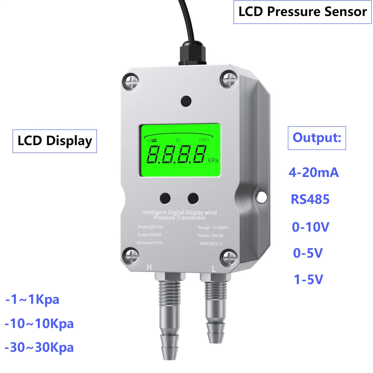 LCD Differential Pressure Transmitter Digital 0-100Pa to 4-20mA 0-10V RS485 Differential Pressure Transducer Gas Pressure Sensor