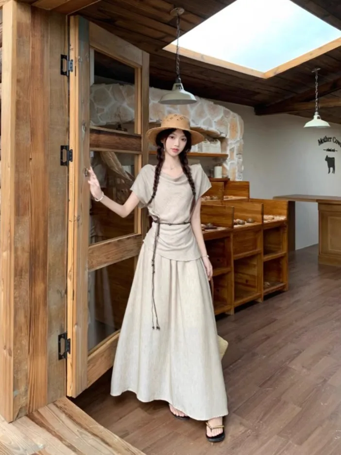 

Laid-back Holiday Style Tea Milk Coffee Color Women's Spring Summer Short Sleeve Swing Neck Two-Piece Set Dress Top