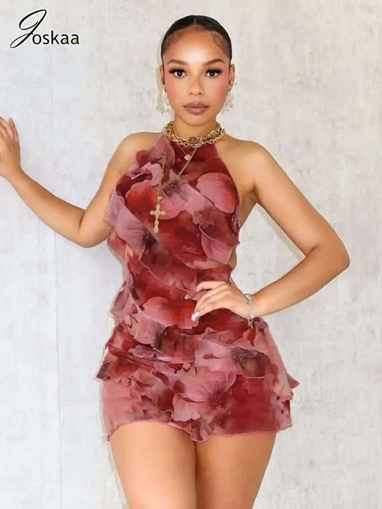 Joskaa Floral Printing Ruffles Mini Dress Women Sexy Halter Backless Body-Shaping Vacation Dresses 2024 Summer Holiday Beachwear