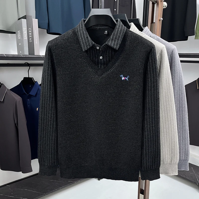 Premium Quality Man Long-Sleeved Polo Shirt False Two-Piece Lapel Button Dog Embroidery Thicken Fleece-Lined Winter Leisure Wear