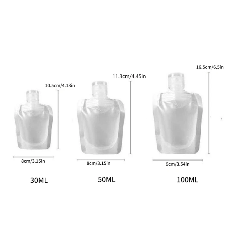 透明なトラベルスパウトポーチ,漏れ防止,詰め替え可能,e74b,30ml,50ml,100ml