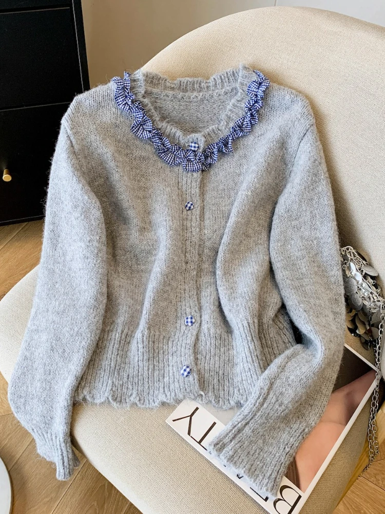 Autumn New Korean Fashion Y2K Vintage Knit Soft Sweater Women Loose Fit Long Sleeve O-Neck Button Tops Casual Elegant Cardigan