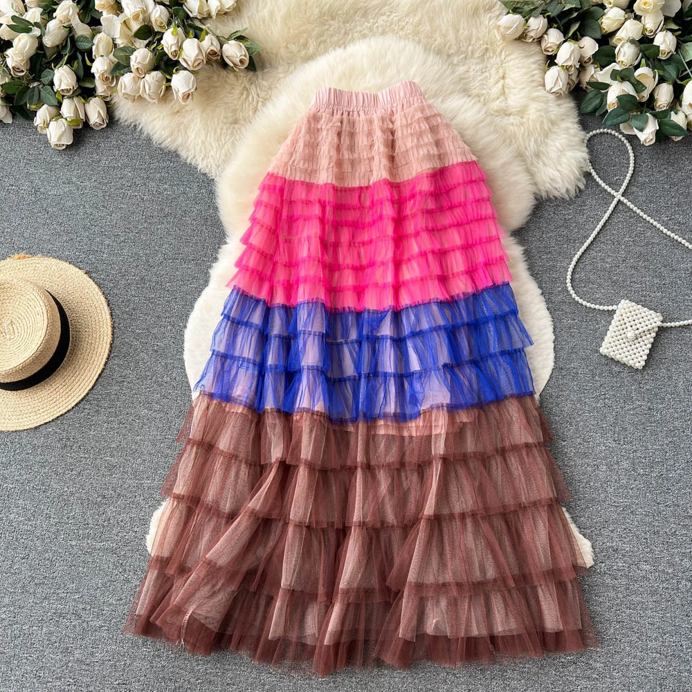 Gradient Colorful Rainbow Stripe Mesh Tulle Skirts Women 2023 Summer Autumn Long Maxi Skirt Fashion Elegant Elastic Waist