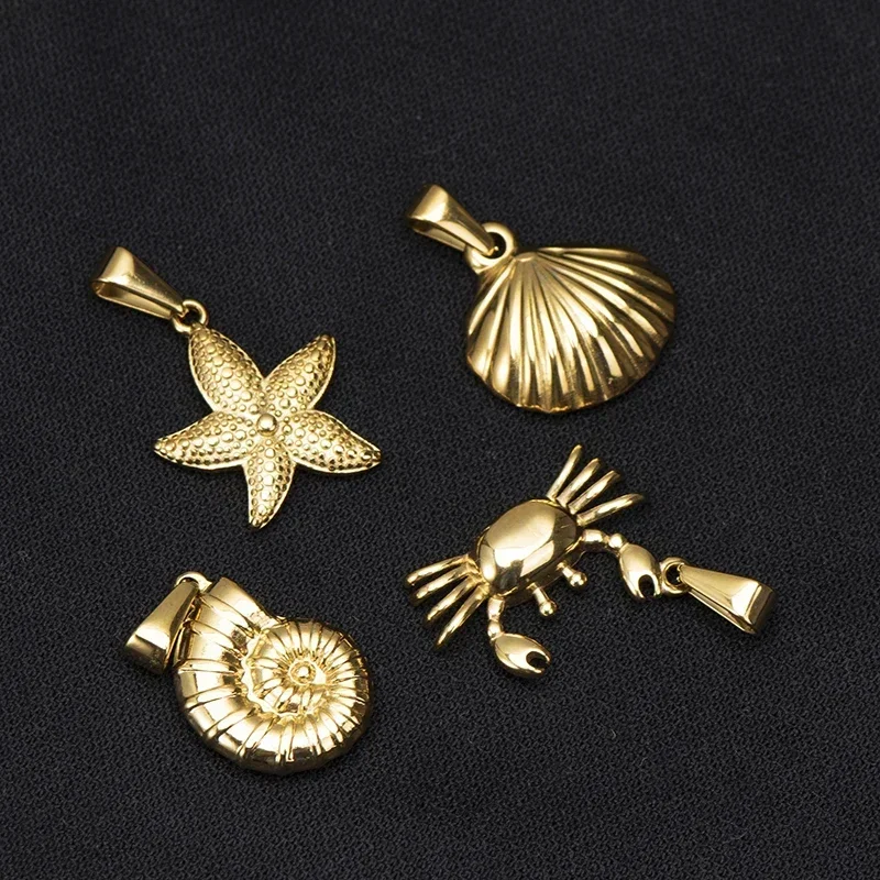 5PCS/Lot 316L Stainless Steel Gold Plated Starfish Conch Scallop Crab Shell Charm Pendant For Necklace Jewelry DIY Making Retro