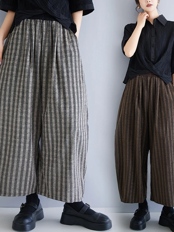 

Loose Fit Nine-Tenths Wide Leg Pants Women's Cotton Corduroy Bloomer Style Casual Fashion Retro Striped Flared Trousers