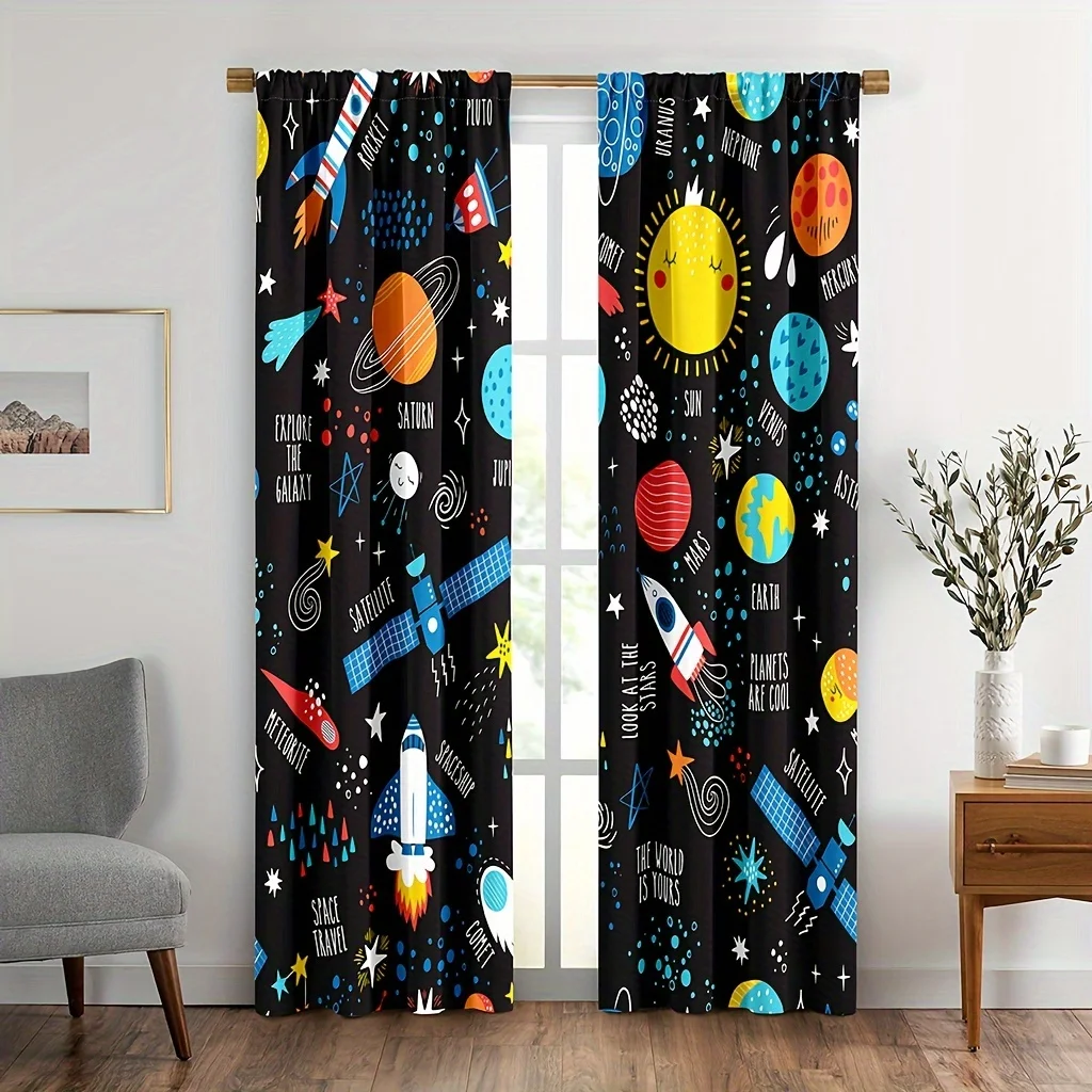 2Pcs Outer Space Window Curtains Cartoon Galaxy Planets Theme Rocket Spaceship for Playroom Bedroom Rod Pocket Window Drapes.