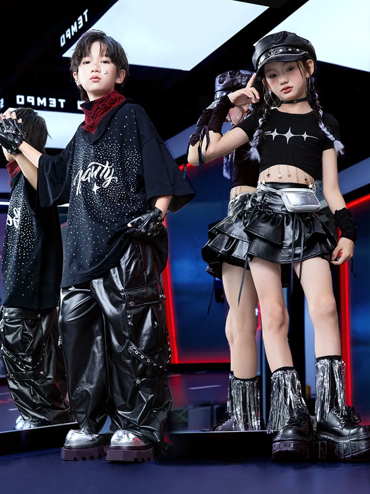 

Kids Jazz Outfit Girls Hip Hop Show Skirt Dress Summer 2 Piece Set Boys Black Trousers Stage Catwalk Costumes