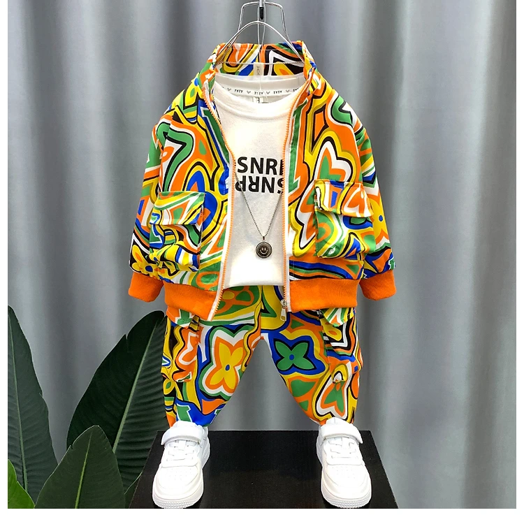 Fashion Boys Spring Autumn Clothing New Baby Personality Graffiti Cardigan Zipper Jacket+Pants 2pcs Suit Kids Loose Costume