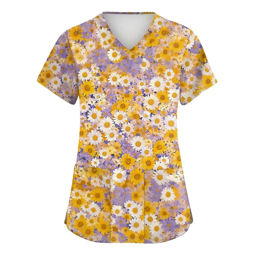 

New V-Neck Pocket Cartoon Animal Print Care Workers T-Shirt Clinic Working Clothing Women Short Sleeve Scrub Tops Nurse Uniform