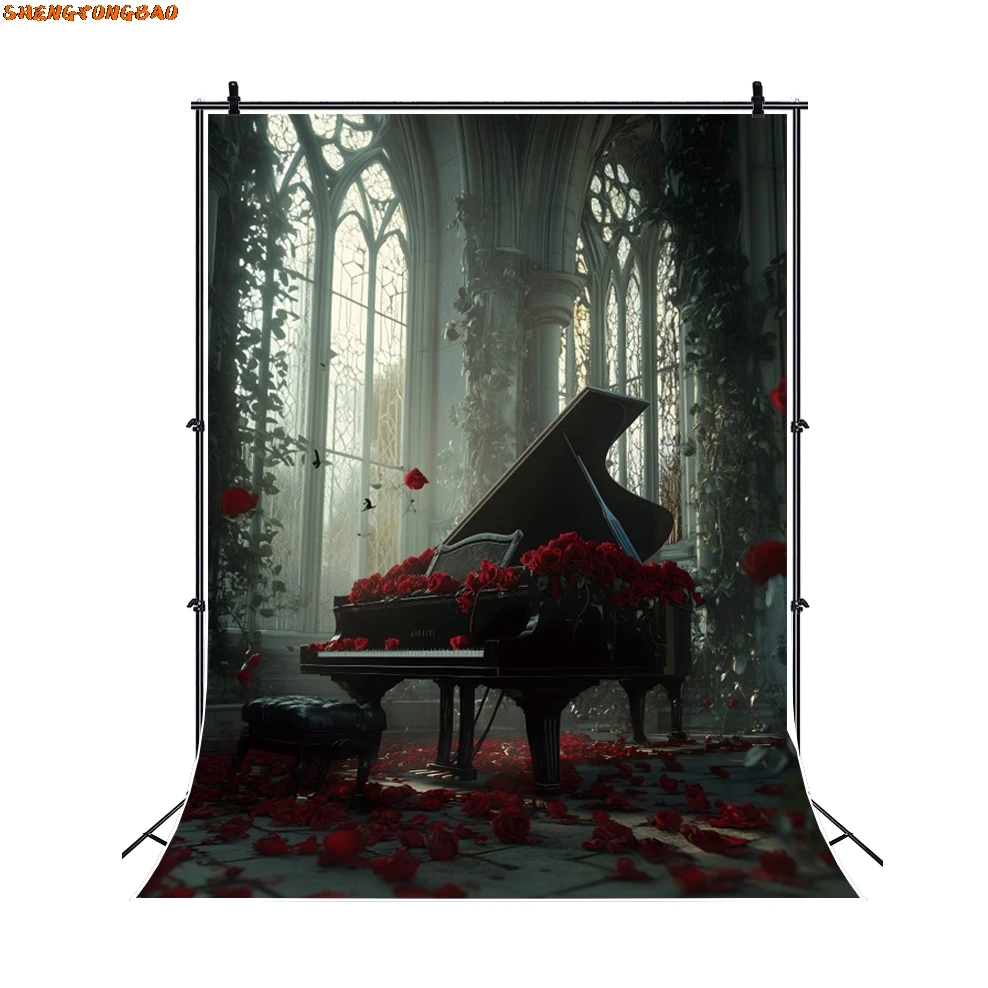 Retro ดอกไม้สีแดงการถ่ายภาพฉากหลังปราสาทโบราณเปียโนแสงแดดหน้าต่างงานแต่งงานตกแต่งคลอดบุตร Art ภาพพื้นหลัง