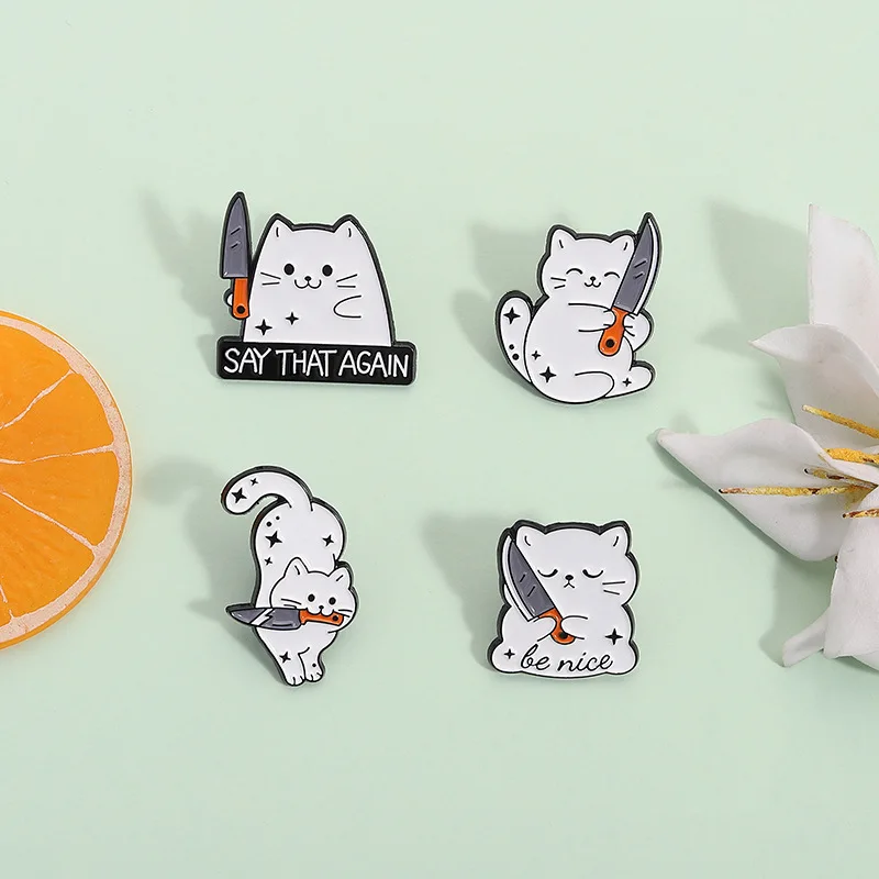 Cute violent white cat wielding a knife Enamel Pins Cartoon Cat Accessories Badge Brooch Lapel Badge Jewelry Gift for Friends