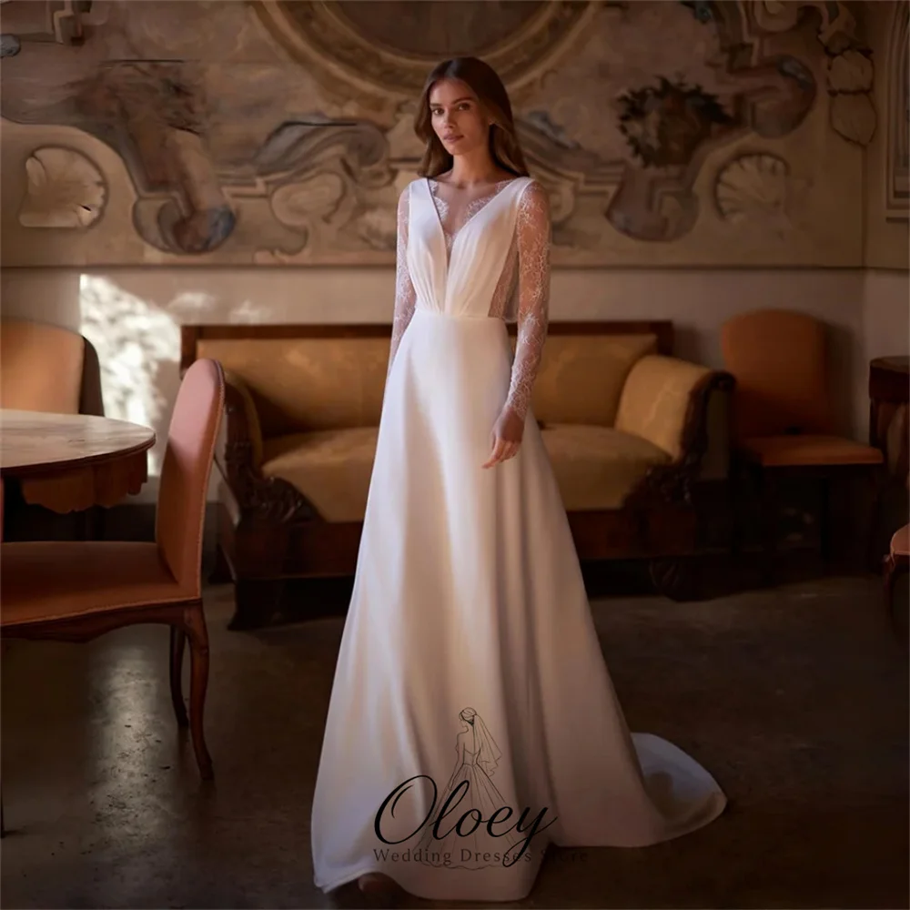 OLOEY Elegant Deep V Neck Lace Long Sleeve Wedding Dresses For Woman A-Line Satin Beach Outdoor Bridal Gown Customized 2027