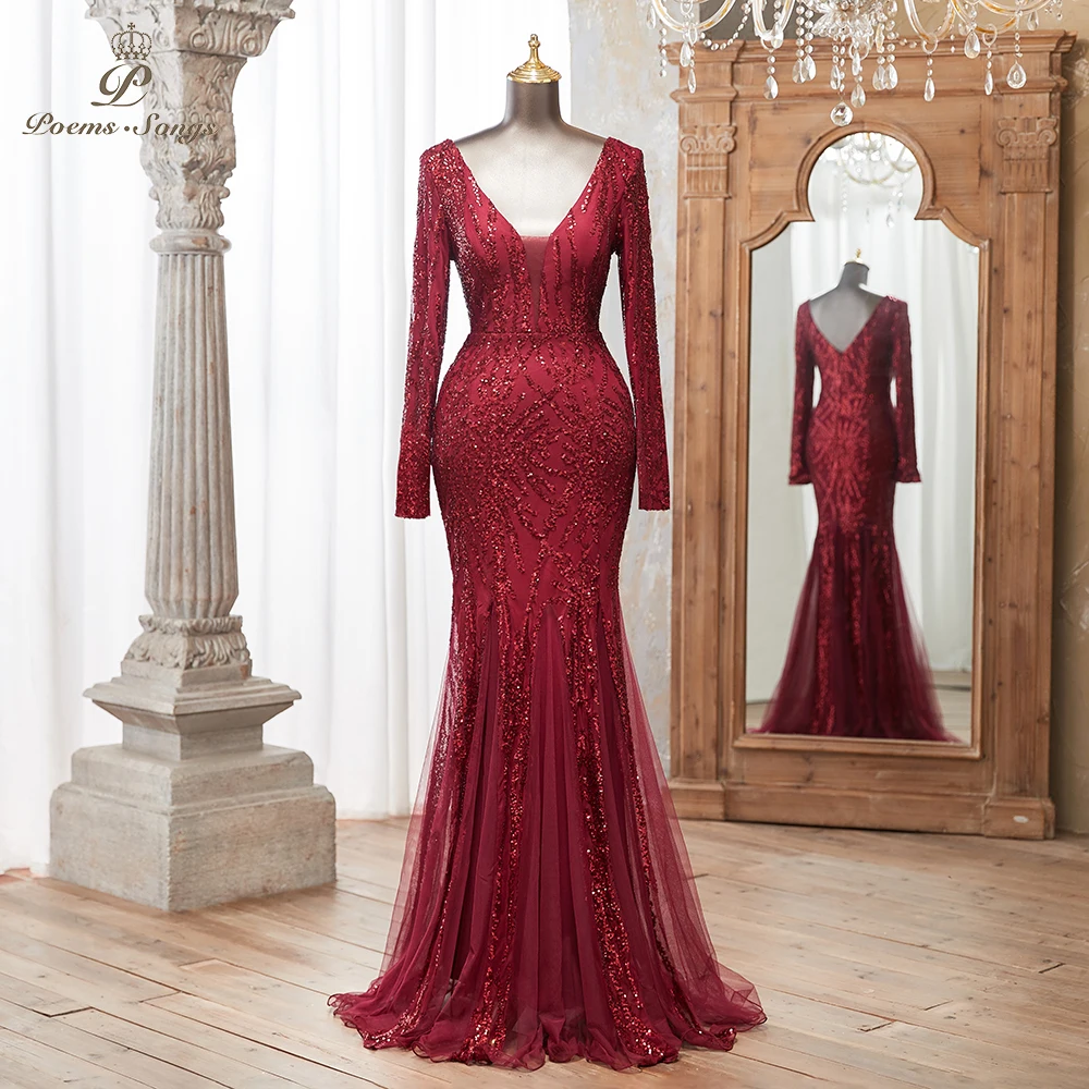 

Luxurious Burgundy Long Sleeve Sequin Gown Deep V-Neck Embellished Pattern Mermaid Formal Dress Elegant Evening Special Events