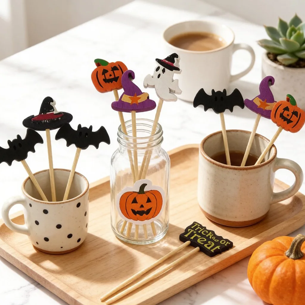 100Pcs Cartoon Pumpkin Ghost Witch Hat Disposable Bamboo Food Picks Dessert Fruit Forks for Halloween Theme Party Decoration - view 2