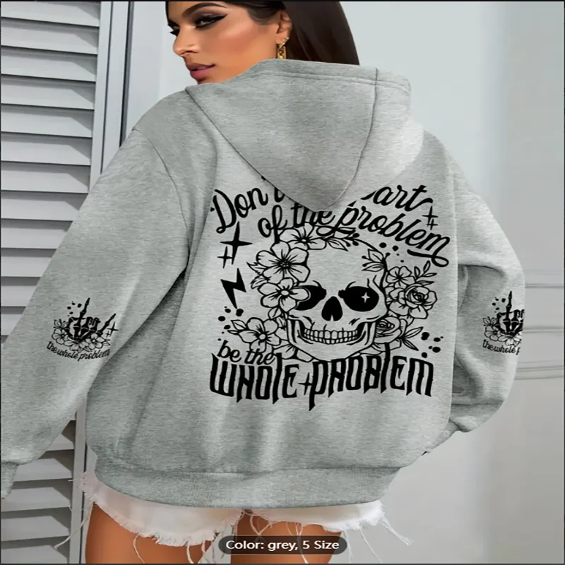 Non essere il problema Felpa con cappuccio con teschio floreale Pullover casual con cappuccio oversize stile autunno/inverno grigio con design teschio rosa