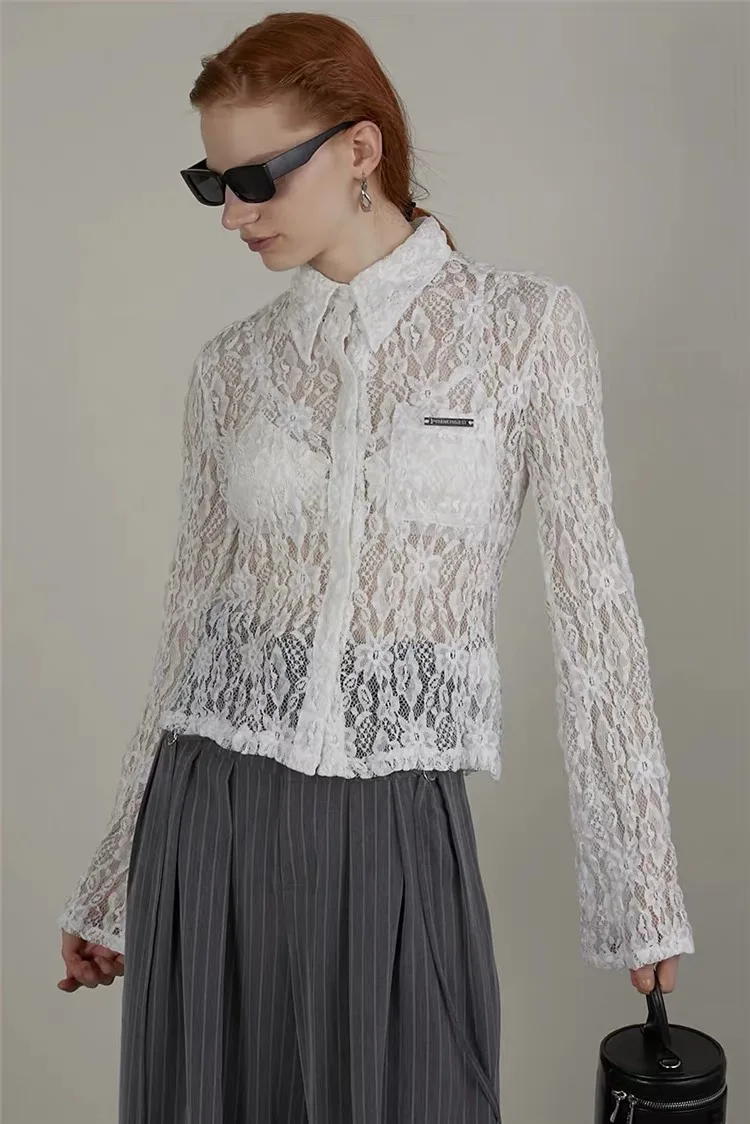 

Elegant Lace Hollow out Slim Fit Shirt with Micro Flared Sleeves Women's Commute Style Long Sleeve Collar Shirt