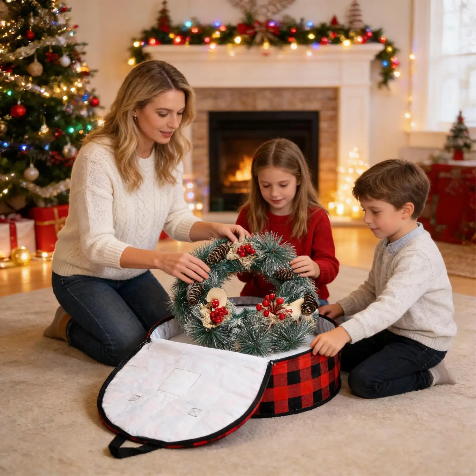 Wreath Storage Bag 2 Pieces Plaid Protector Zippered Wreath Storage Box With Handle For Christmas Holiday Home Basement Garage