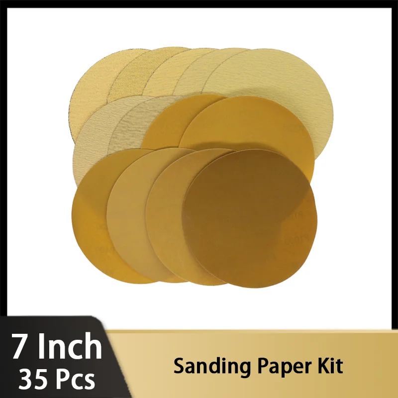 7 Inch Gold Sanding Paper Kit 35 Pcs Dustless Hook and Loop Sandpaper Grits 180-1000  for Woodworking or Automotive