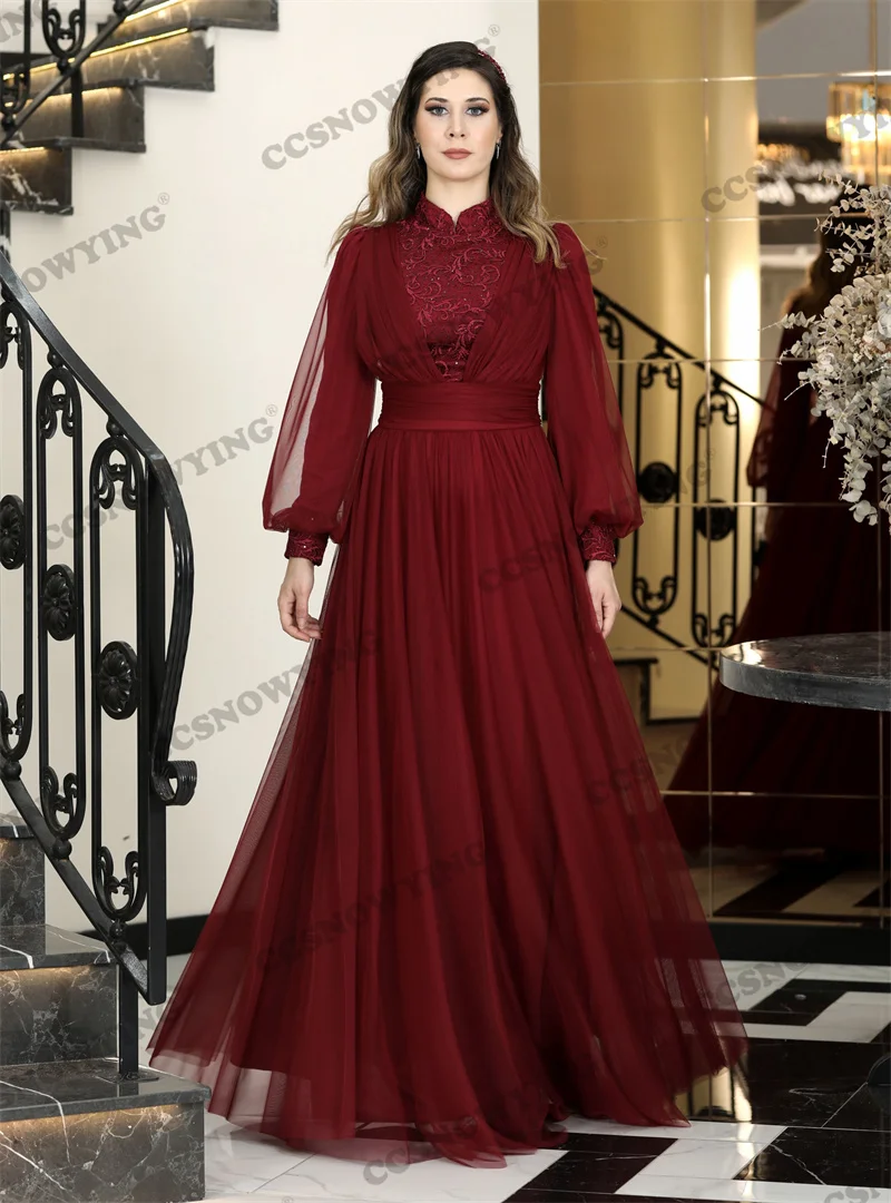 

Burgundy Tulle Long Sleeve Muslim Evening Gown High Neck Islamic Formal Party Dresses Hijab Women Arabic Kaftan Robe De Soiree