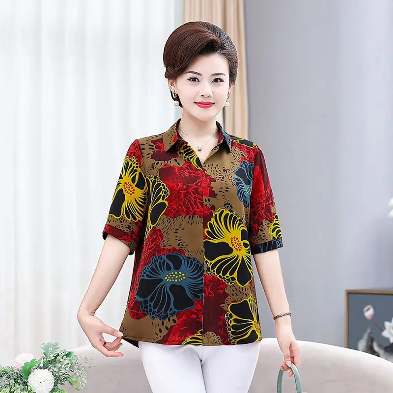 Fashion Casual Graceful Turn-down Collar Simplicity Dignified Printing Summer Short Sleeve T-Shirts New Women's Clothing
