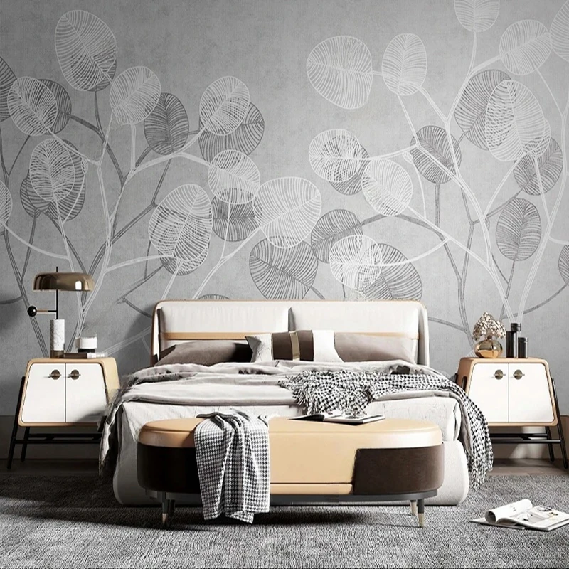 Nordic Retro Hand-painted Custom Wallpaper Murals Line Art Leaves Nature Wall Decor Background Painting for Modern Living Room