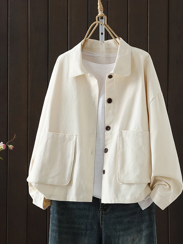 

Loose Fit Cotton Blend ort Jaet Women's Casual Sle Long Sve Turn-down Collar Spring Faion Outerwear Top