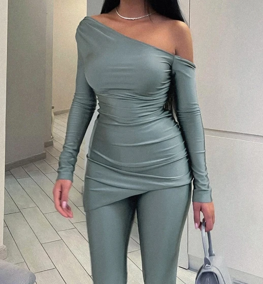 Women's Casual Two-piece Set Solid Color Diagonal Collar Off Shoulder Long Sleeved Asymmetrical Hem Tp Tight Fitting Pants Set