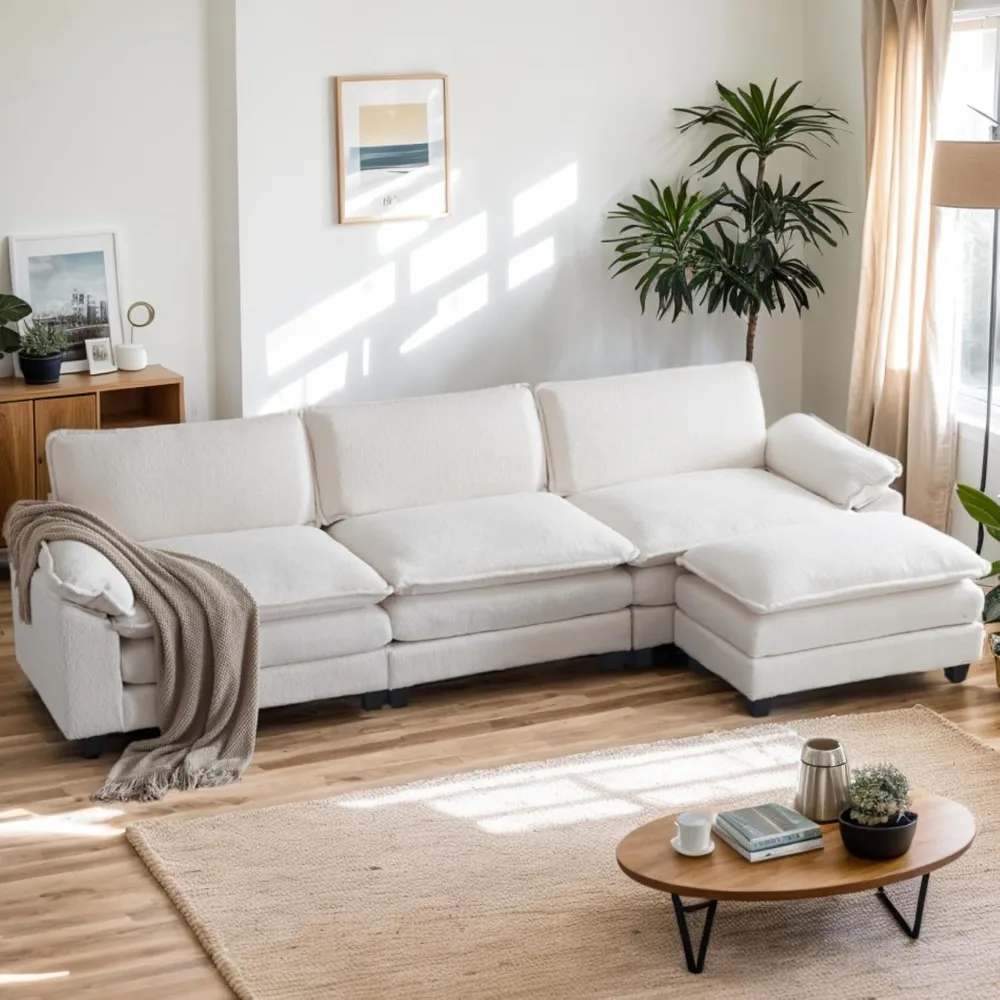 Sectional Sofa Modular Deep Seat Sofa Couch with Ottoman, Chenille Sofa Sleeper Comfy Upholstered Furniture