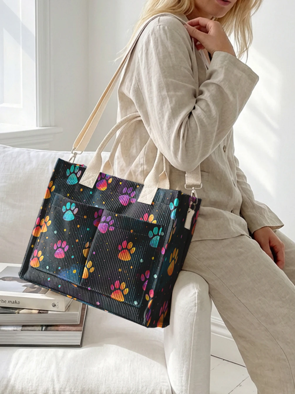 Colorful Paw Print Black Corduroy Tote Bag Large Capacity Multi Pocket Cat Dog Lover Commuter Shoulder Bag