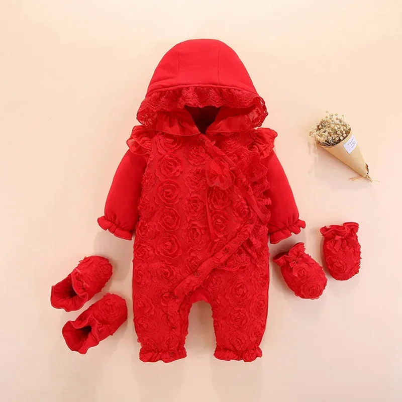 Coslan Baby Hooddied Jumpsuit 0 3 6 9 Months Infant Romper Newborn Baby Girl Clothes Fall Cotton Lace Princess Style Socks Headb