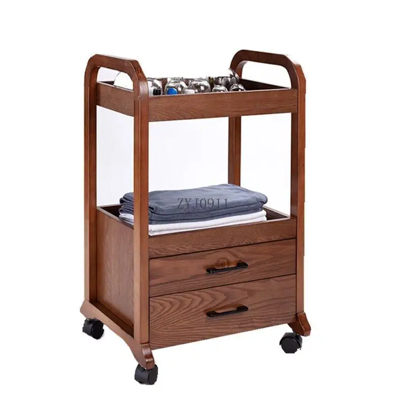 

*Beauty salon European solid wood tool cart Double drawer wooden cart