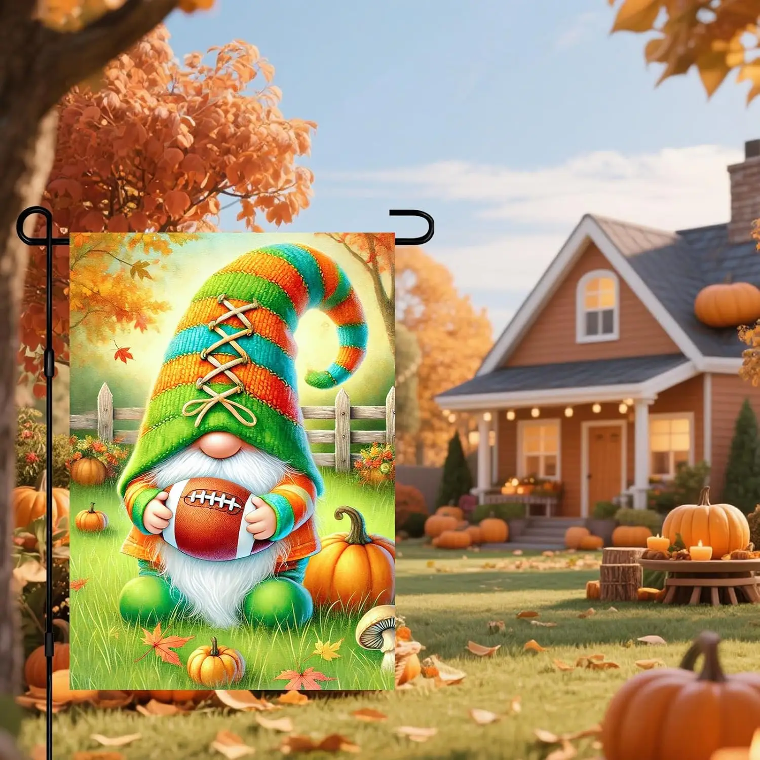 BlissYard Autumn Garden Flag Fall Gnome Flag Holding Rugby Pumpkins Maple Leaves Outdoor Thanksgiving Decor 12x18 Inch Doubl zzo