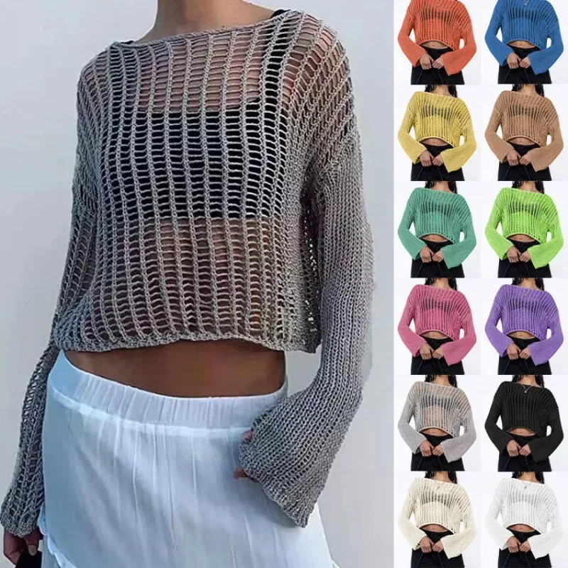 

2024 Spring/Summer Knitted Shirt Women's Hooked Cover Up Off Shoulder Hollow Women's Knitted Knitted Shirt SFC8-3