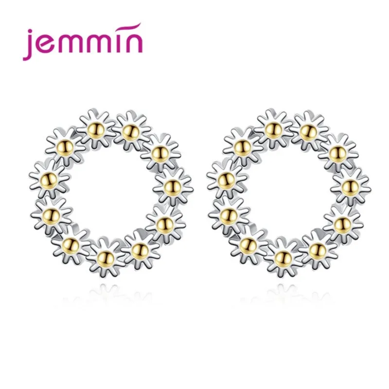 Authentic 100% 925 Sterling Silver Generous Sunflower Female Festival Stud Earrings Round Circle Loop Wreath Women's Fashion