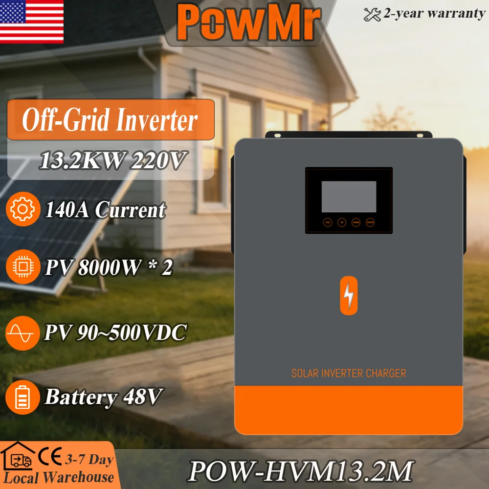 PowMr 13.2kW 220V Hybrid Solar Inverter 48V Pure Sine Wave Built in MPPT 160A Charger Li-BMS Compatible with Dual Output UPS Mode Smart Protection Off-Grid Solar Sytem for Home