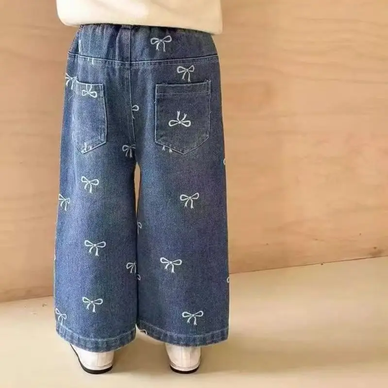 Children Pant Spring Autumn Girls Print Bow Jeans Kawaii Kids Baggy Straights Fashion Casual Wide Leg Denim Tousers Good Quality