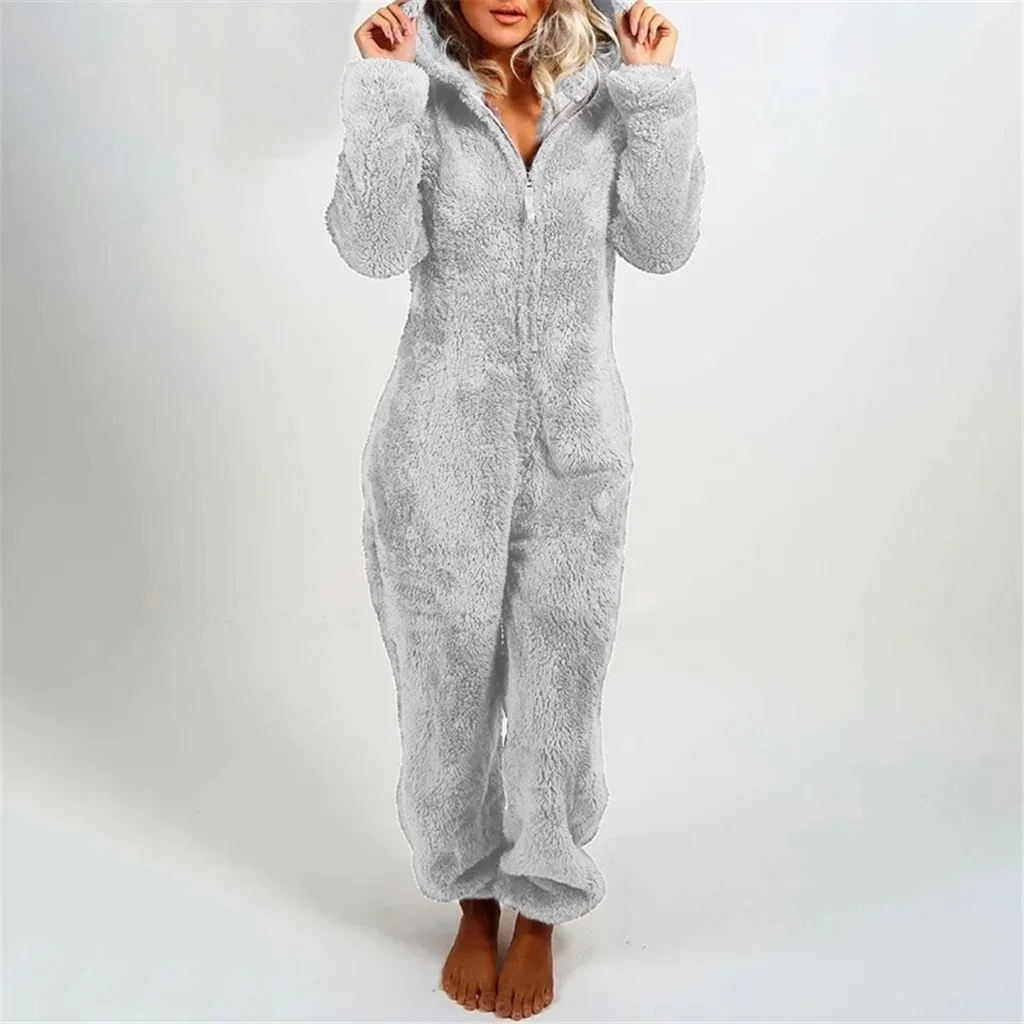 Verdickte pelzige Onesies für Erwachsene, Damenmode, Fleece-Nachtwäsche, Kapuzen-Sets, Pyjamas für Winter-Frauen, warme Samt-Pyjamas – Detail 3