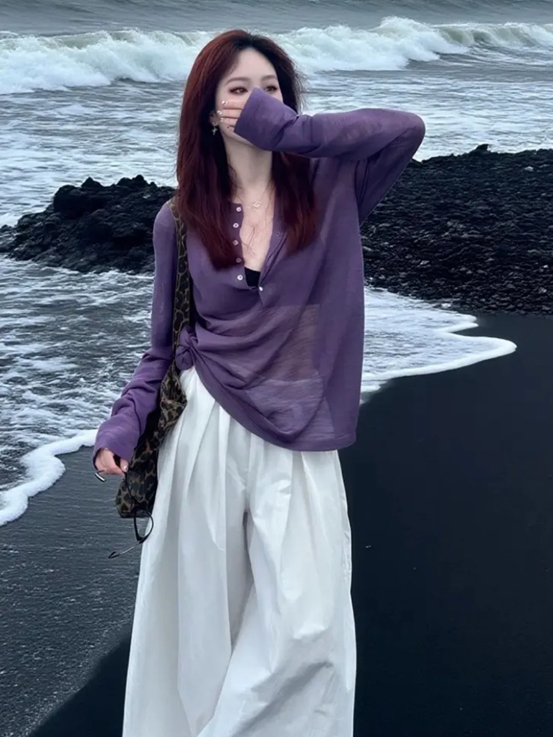 Summer Atmosphere Purple Half Open Knitted Top Women's Early Summer Outerwear Lazy Style Loose Korean Style Top