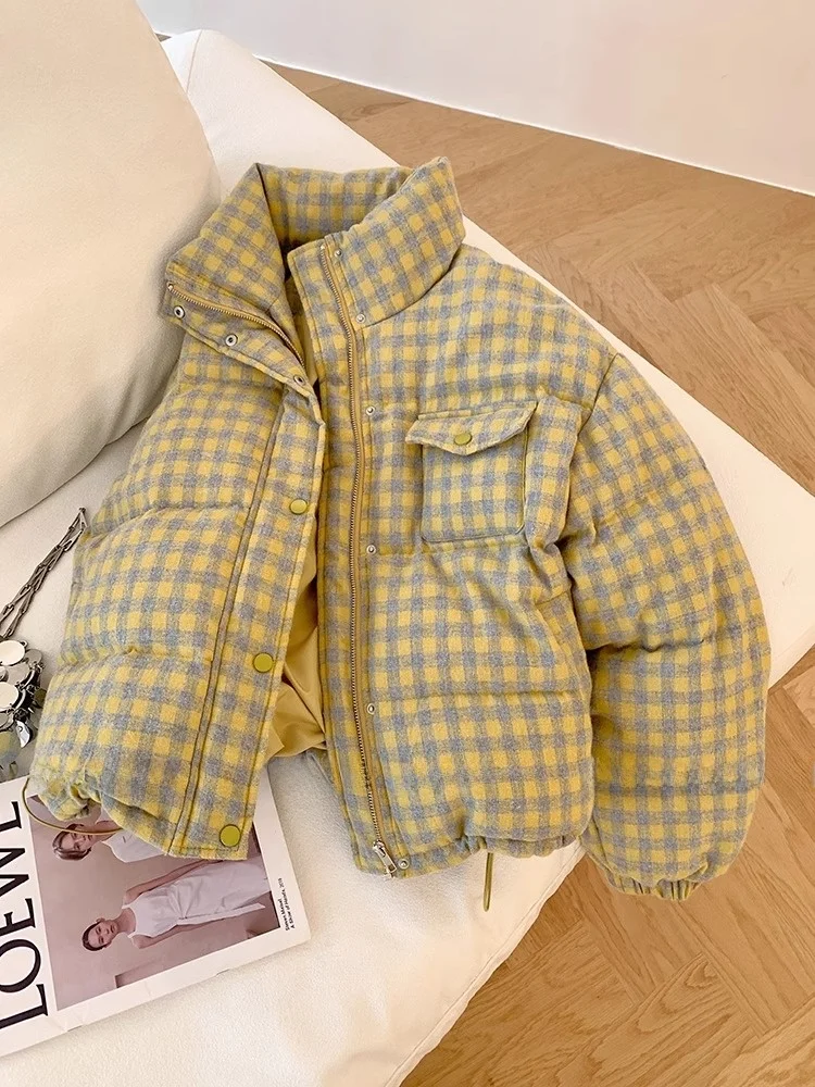 

Thiened ort Cotton Jaet Women's Winter Outerwear Plaid Stand Collar Large Size Faionable Retro Sle Button Splicing