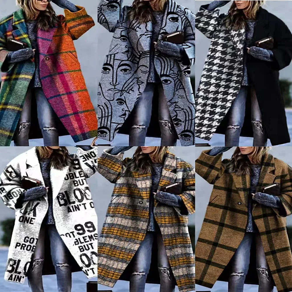 2024 Europe and the United States autumn women's matching color plaid long-sleeve lapel coat printed tweed coat