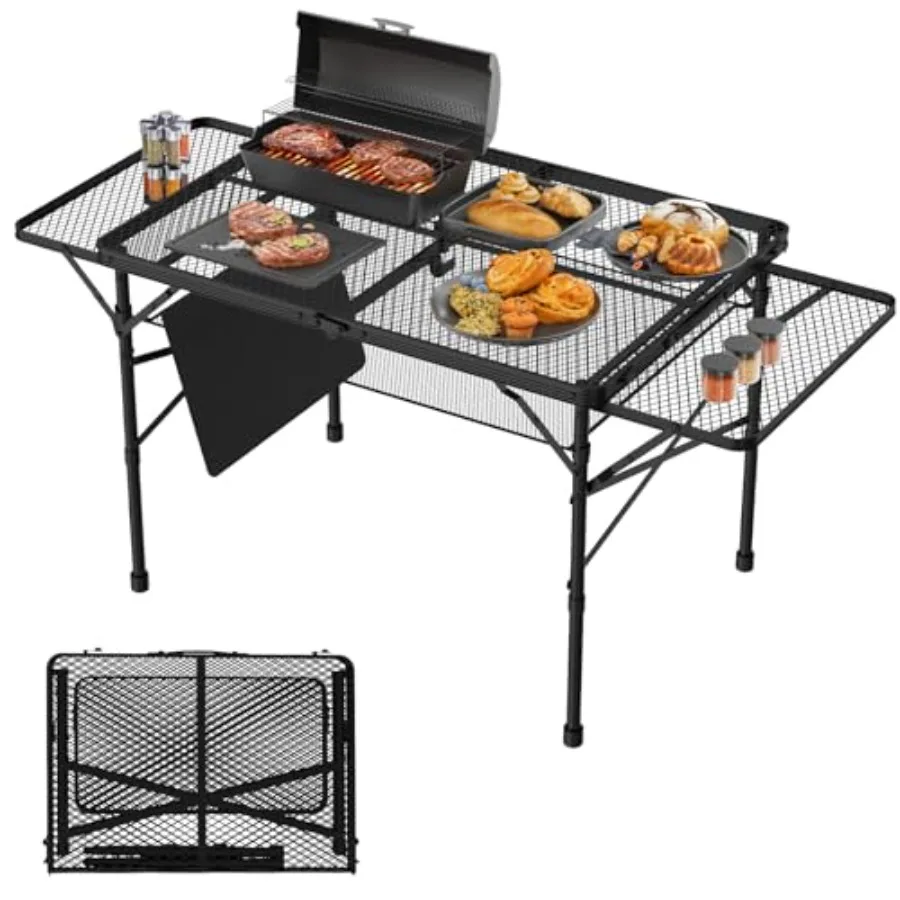 Folding Table 2 Wing Panels Camping Table Mesh Desktop Height Adjustable Folding Grill Table with Mesh Bag Portable Outdoor Tab