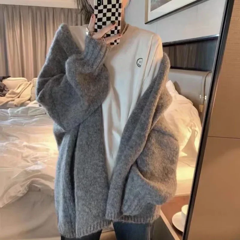 Rimocy Autumn Winter Thick Warm Cardigans Women Korean Lazy Wind Soft Sweater Coats Woman Solid Color Oversized Cardigans Female