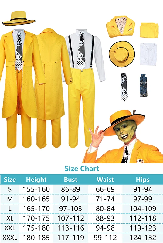 Movie The Mask Cos Jim Carrey Cosplay Costume Outfits Mask Yellow Clothes Outfits Halloween Carnival Party Suit For Men Roleplay