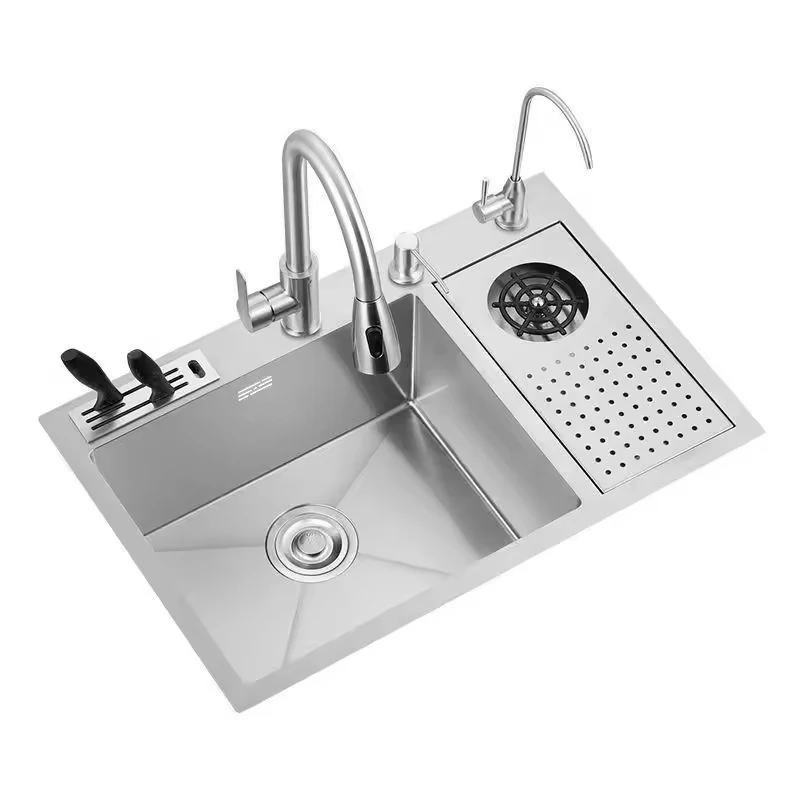 Luxury Modern Kitchen Sink Hidden Brushed 304 Stainless Steel Single Bowl Waterfall Multifunction Smart Kitchen Sink