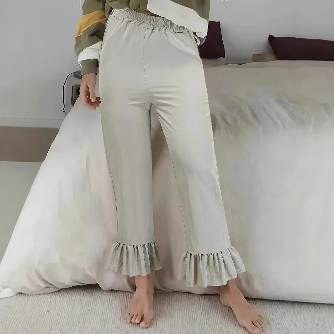 2025 Pantaloni estivi da donna Tinta unita a vita alta con occhielli scavati Pantaloni a gamba larga Pull on Pantaloni larghi