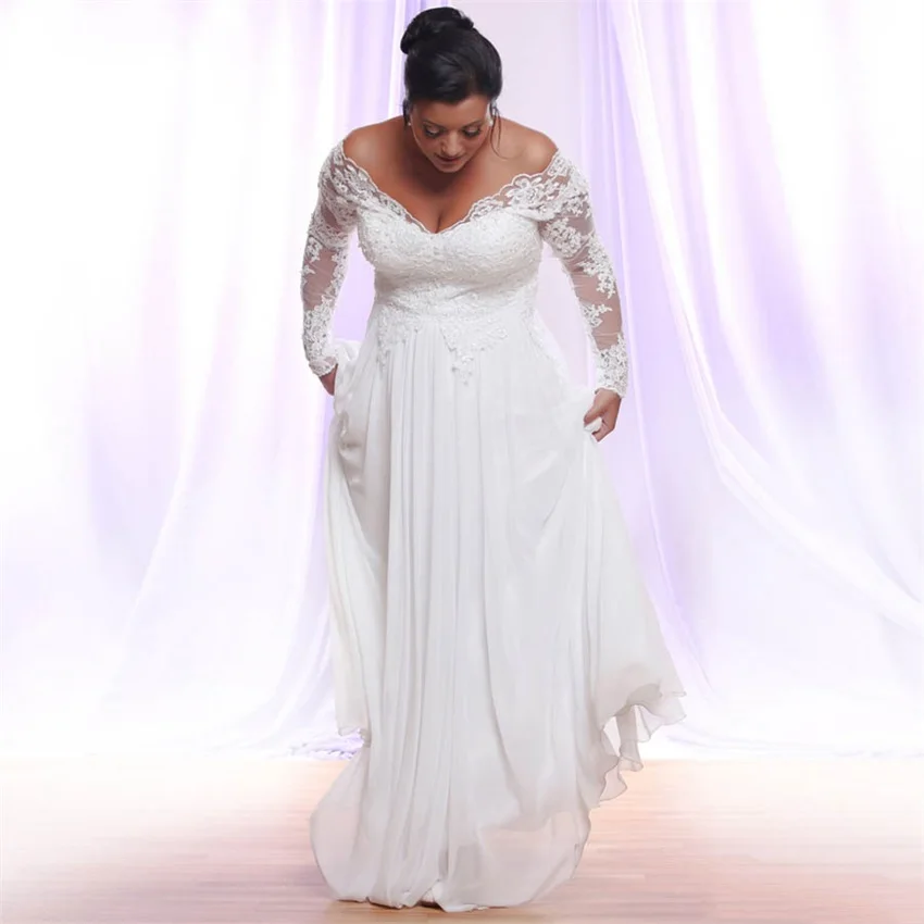 

White/Ivory Long Sleeves Chiffon Wedding Dresses Plus Size Deep V-neck Applique Beach Wedding Gowns Vestido De Novia