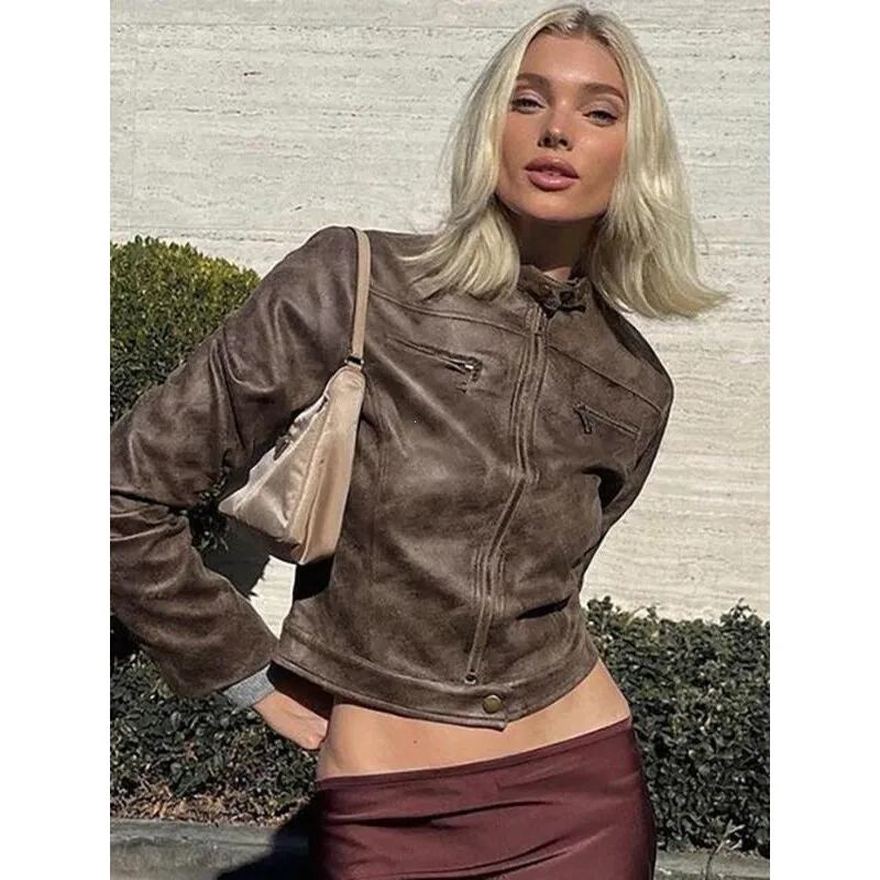 

Vintage Brown Short Jacket Q 94479 Retro Style Women's Leather Jacket Spring Collection Fashionable Outerwear